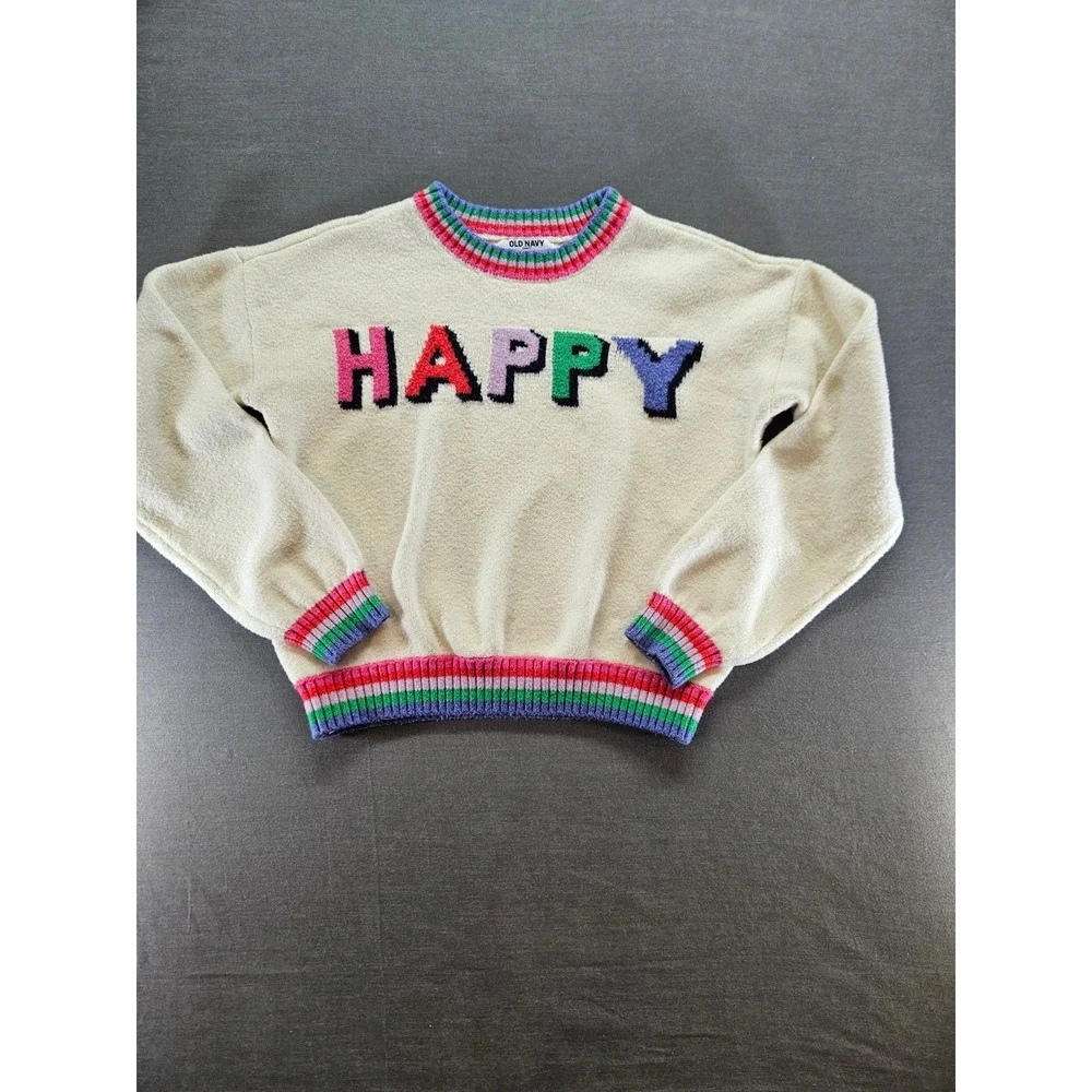 Old Navy Girls XL 14-16 SoSoft Happy Graphic Sweater Rainbow Trim Cream Ivory